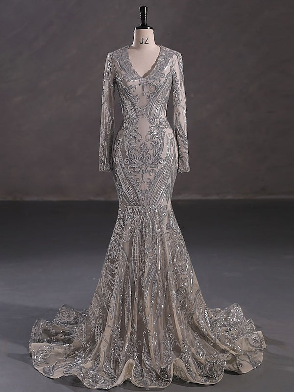 Robe de Soirée Sirène à Col en V et Manches Longues avec Paillettes