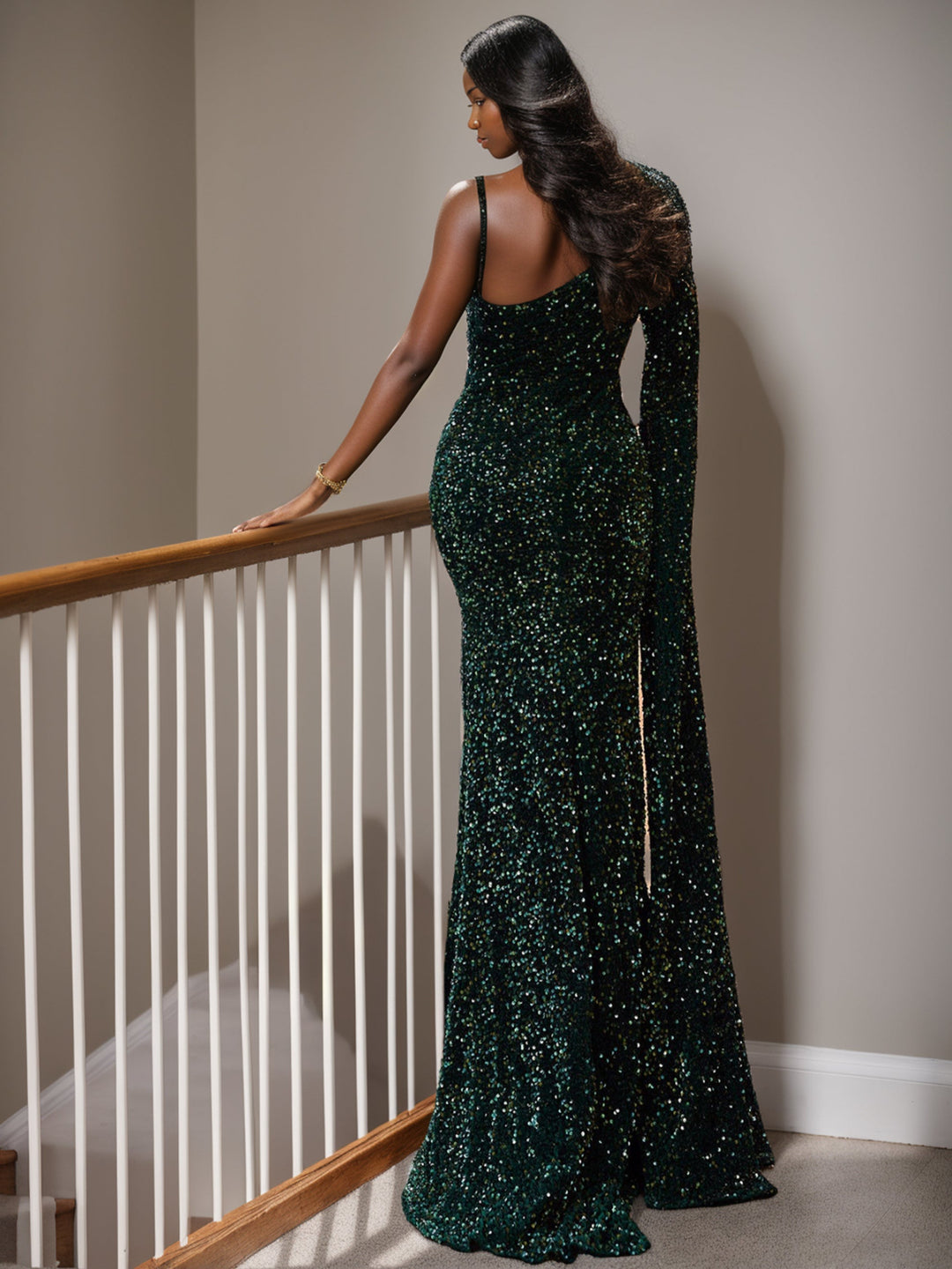 Robe de Soirée Longue de Style Sirène à Une Épaule et à Volants avec Fente Sur le Côté et Traîne Watteau