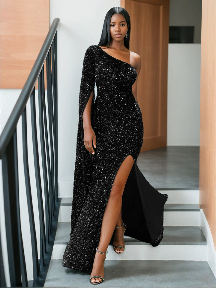 Robe de Soirée Longue de Style Sirène à Une Épaule et à Volants avec Fente Sur le Côté et Traîne Watteau