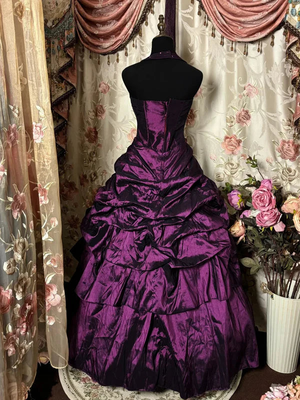 Robe de Bal de Promo Ligne A/Princesse Col Halter en Taffetas Longueur au Sol à Volants Sans Manches Strass