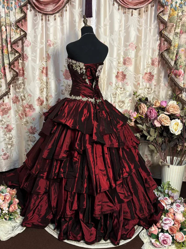 Robe de Bal de Promo Ligne A/Princesse Bustier en Taffetas Longueur au Sol à Volants avec Appliqués Sans Manches