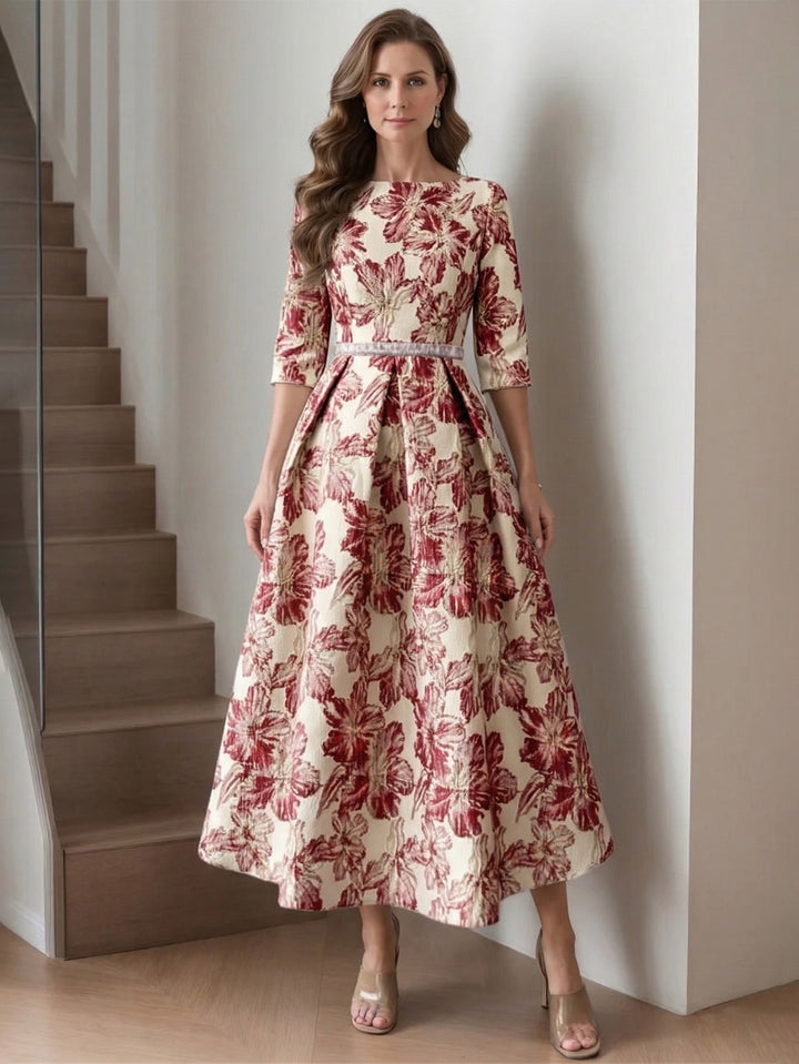 Robe mère de la mariée satin imprimé ligne A, col rond, manches mi-longues, longueur midi, motifs floraux et ceinture