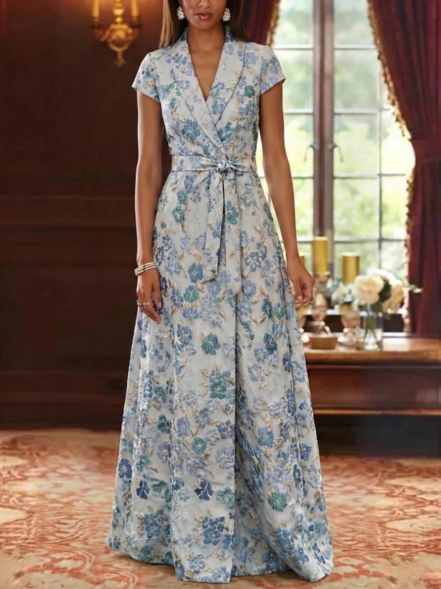 Robe mère de la mariée ligne A, jacquard col V, imprimé floral, manches courtes, longueur sol, ceinture