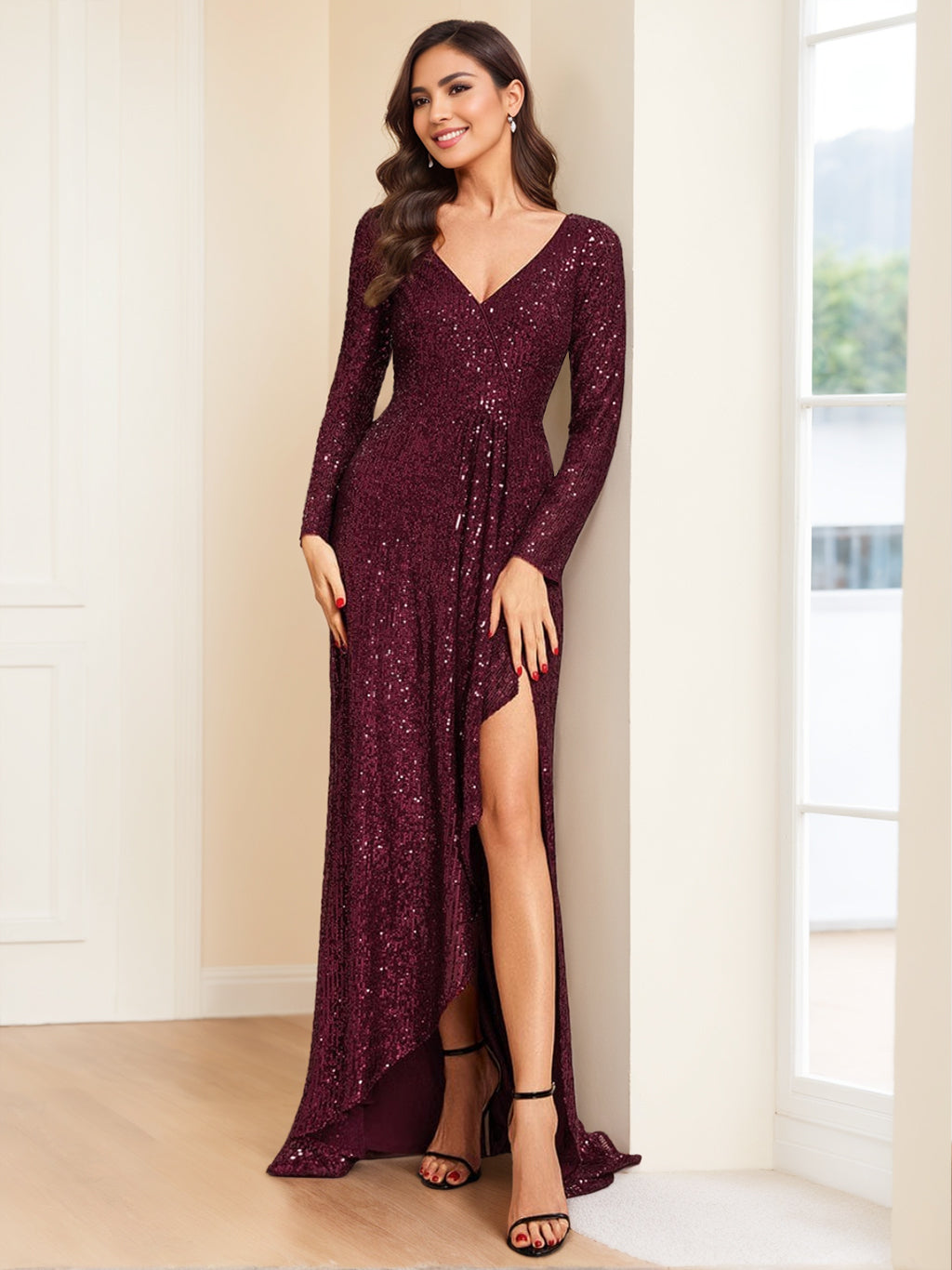 Robe de Soirée Asymétrique à Manches Longues et Col en V, Coupe A-Line/Princesse, avec Paillettes