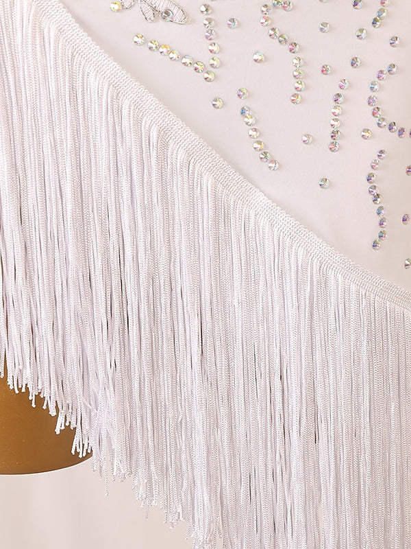 Robe de Danse Latine à Franges et Pompons avec Cristaux/Strass pour Femme Éˆ¥Æ¦® Performance Training Manches Longues
