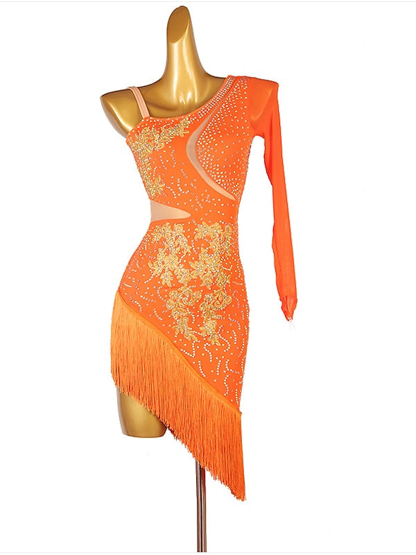 Robe de Danse Latine à Franges et Pompons avec Cristaux/Strass pour Femme Éˆ¥Æ¦® Performance Training Manches Longues