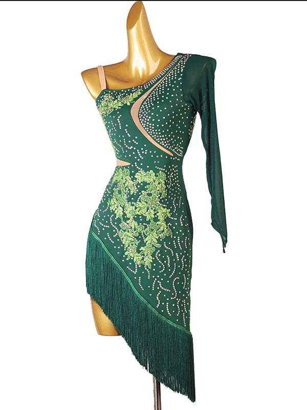 Robe de Danse Latine à Franges et Pompons avec Cristaux/Strass pour Femme Éˆ¥Æ¦® Performance Training Manches Longues