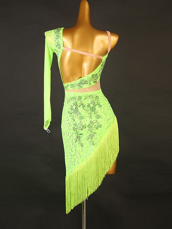 Robe de Danse Latine à Franges et Pompons avec Cristaux/Strass pour Femme Éˆ¥Æ¦® Performance Training Manches Longues