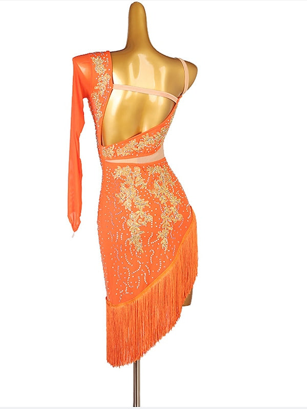 Robe de Danse Latine à Franges et Pompons avec Cristaux/Strass pour Femme Éˆ¥Æ¦® Performance Training Manches Longues