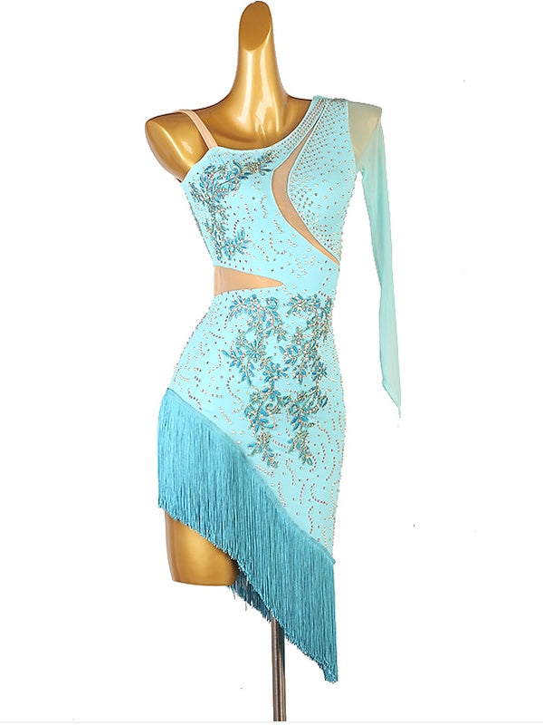 Robe de Danse Latine à Franges et Pompons avec Cristaux/Strass pour Femme Éˆ¥Æ¦® Performance Training Manches Longues