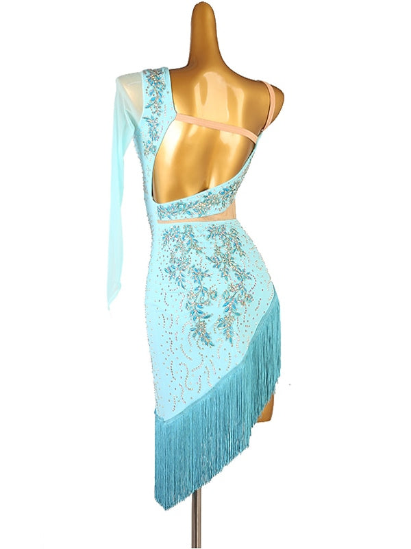 Robe de Danse Latine à Franges et Pompons avec Cristaux/Strass pour Femme Éˆ¥Æ¦® Performance Training Manches Longues