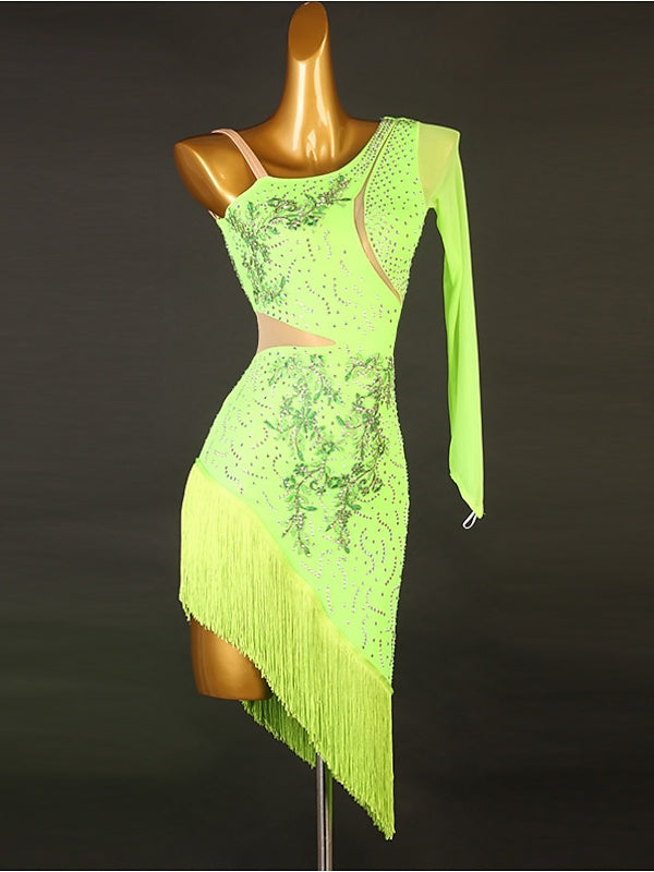 Robe de Danse Latine à Franges et Pompons avec Cristaux/Strass pour Femme Éˆ¥Æ¦® Performance Training Manches Longues