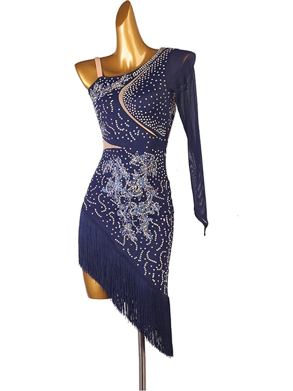 Robe de Danse Latine à Franges et Pompons avec Cristaux/Strass pour Femme Éˆ¥Æ¦® Performance Training Manches Longues