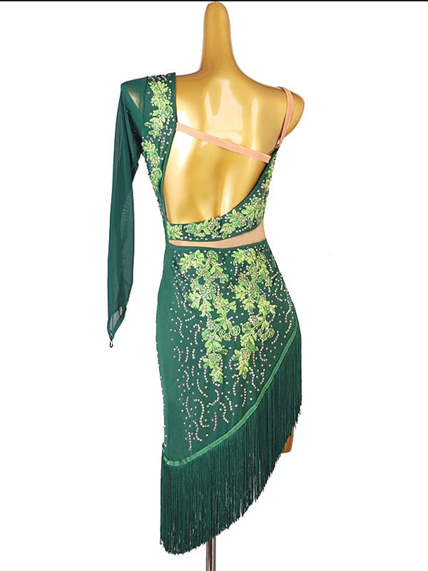 Robe de Danse Latine à Franges et Pompons avec Cristaux/Strass pour Femme Éˆ¥Æ¦® Performance Training Manches Longues