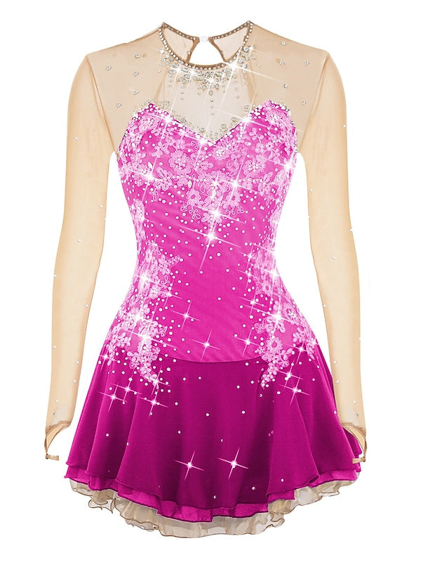 Robe de Patinage Artistique pour Femmes et Filles, en Maille de Glace, en Élasthanne, à Manches Longues, Vêtements de Danse Sur Glace