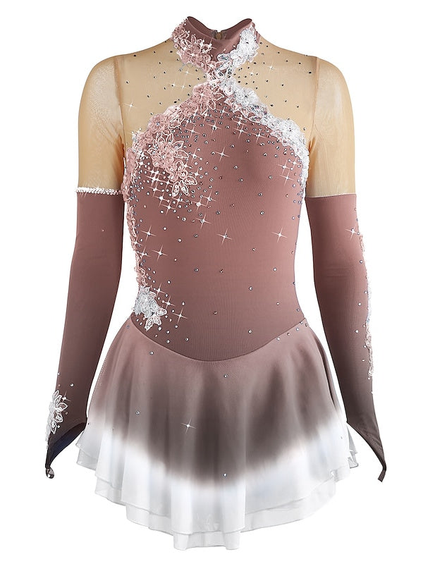Robe de Patinage Artistique pour Femmes et Filles, en Maille de Glace, en Élasthanne, Haute Élasticité, Manches Longues, Robe de Patinage Sur Glace