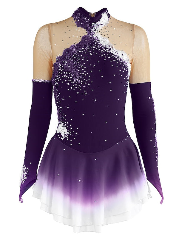 Robe de Patinage Artistique pour Femmes et Filles, en Maille de Glace, en Élasthanne, Haute Élasticité, Manches Longues, Robe de Patinage Sur Glace