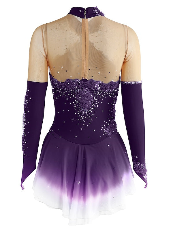 Robe de Patinage Artistique pour Femmes et Filles, en Maille de Glace, en Élasthanne, Haute Élasticité, Manches Longues, Robe de Patinage Sur Glace