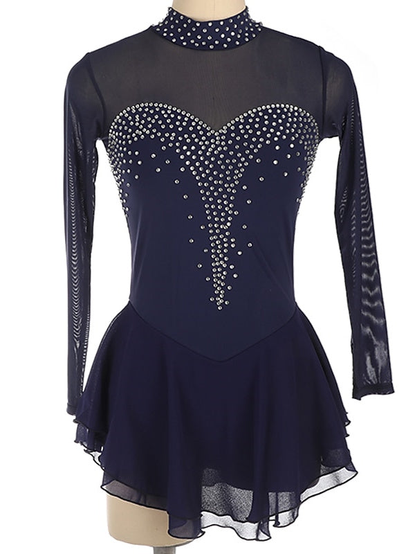 Robe de Patinage Artistique pour Femmes et Filles, Robe de Patinage Sur Glace à Manches Longues en Élasthanne et Strass