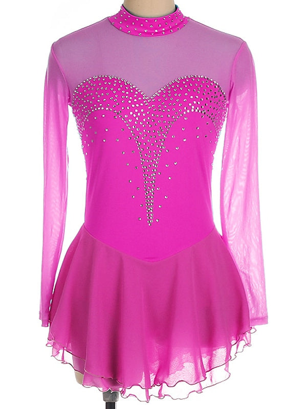 Robe de Patinage Artistique pour Femmes et Filles, Robe de Patinage Sur Glace à Manches Longues en Élasthanne et Strass
