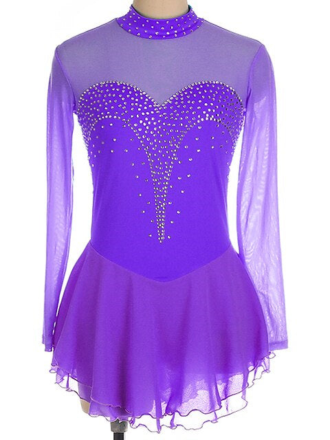 Robe de Patinage Artistique pour Femmes et Filles, Robe de Patinage Sur Glace à Manches Longues en Élasthanne et Strass