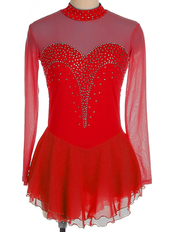 Robe de Patinage Artistique pour Femmes et Filles, Robe de Patinage Sur Glace à Manches Longues en Élasthanne et Strass