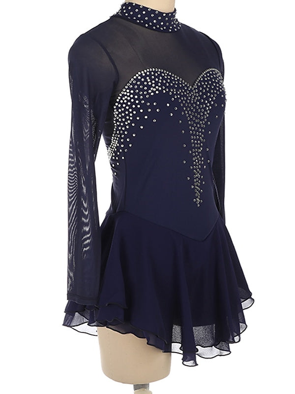 Robe de Patinage Artistique pour Femmes et Filles, Robe de Patinage Sur Glace à Manches Longues en Élasthanne et Strass