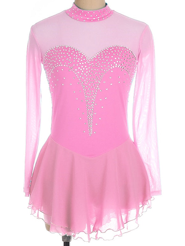 Robe de Patinage Artistique pour Femmes et Filles, Robe de Patinage Sur Glace à Manches Longues en Élasthanne et Strass