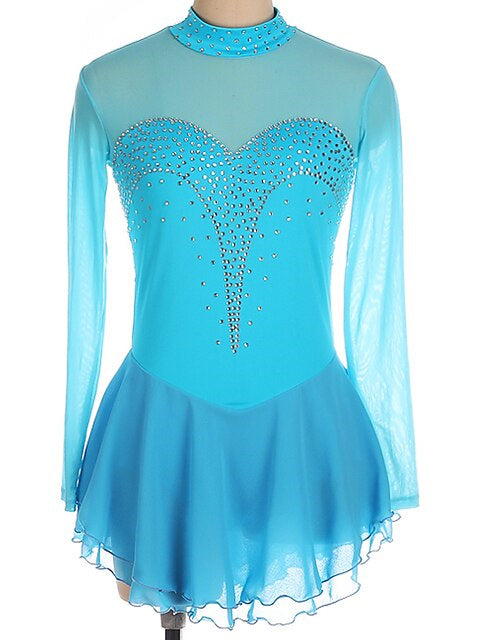 Robe de Patinage Artistique pour Femmes et Filles, Robe de Patinage Sur Glace à Manches Longues en Élasthanne et Strass