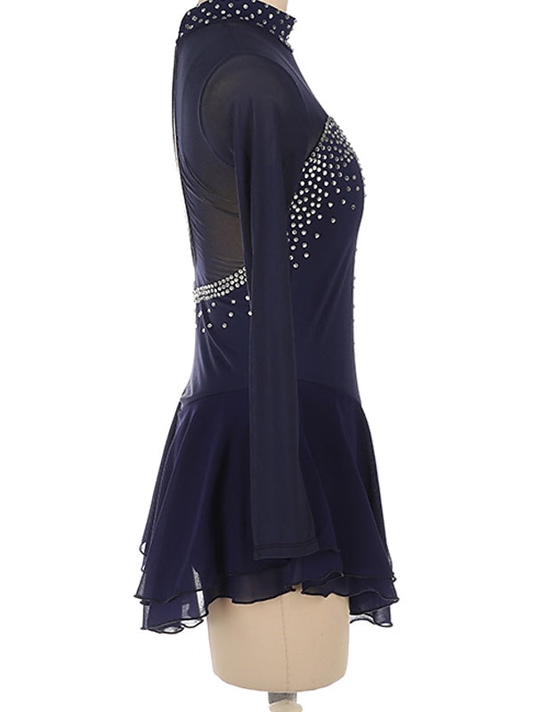 Robe de Patinage Artistique pour Femmes et Filles, Robe de Patinage Sur Glace à Manches Longues en Élasthanne et Strass