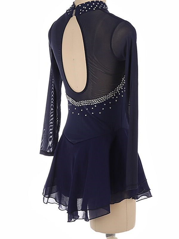 Robe de Patinage Artistique pour Femmes et Filles, Robe de Patinage Sur Glace à Manches Longues en Élasthanne et Strass