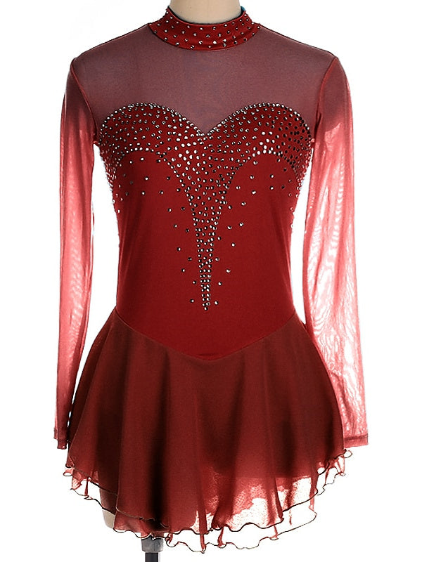 Robe de Patinage Artistique pour Femmes et Filles, Robe de Patinage Sur Glace à Manches Longues en Élasthanne et Strass