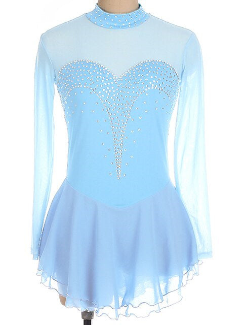 Robe de Patinage Artistique pour Femmes et Filles, Robe de Patinage Sur Glace à Manches Longues en Élasthanne et Strass