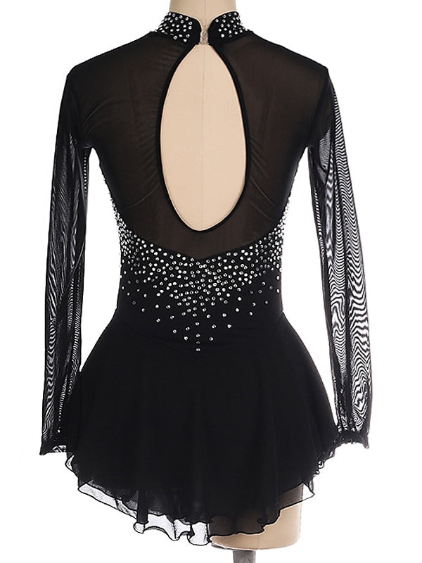 Robe de Patinage Artistique pour Femmes et Filles, Robe de Patinage Sur Glace à Manches Longues en Élasthanne et Strass