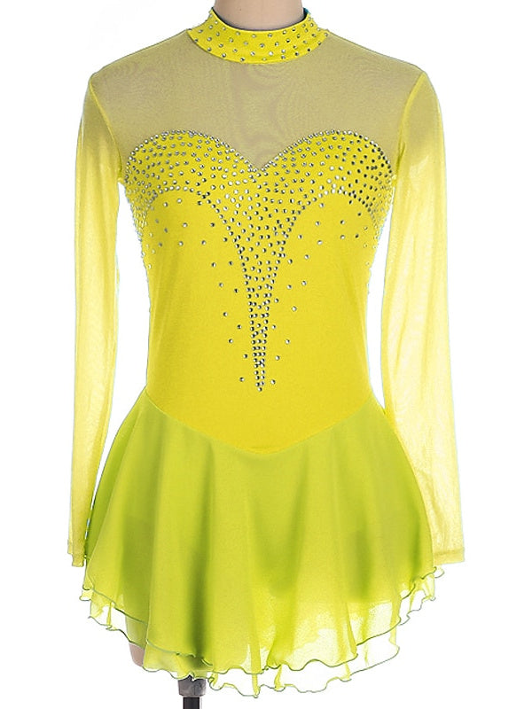 Robe de Patinage Artistique pour Femmes et Filles, Robe de Patinage Sur Glace à Manches Longues en Élasthanne et Strass