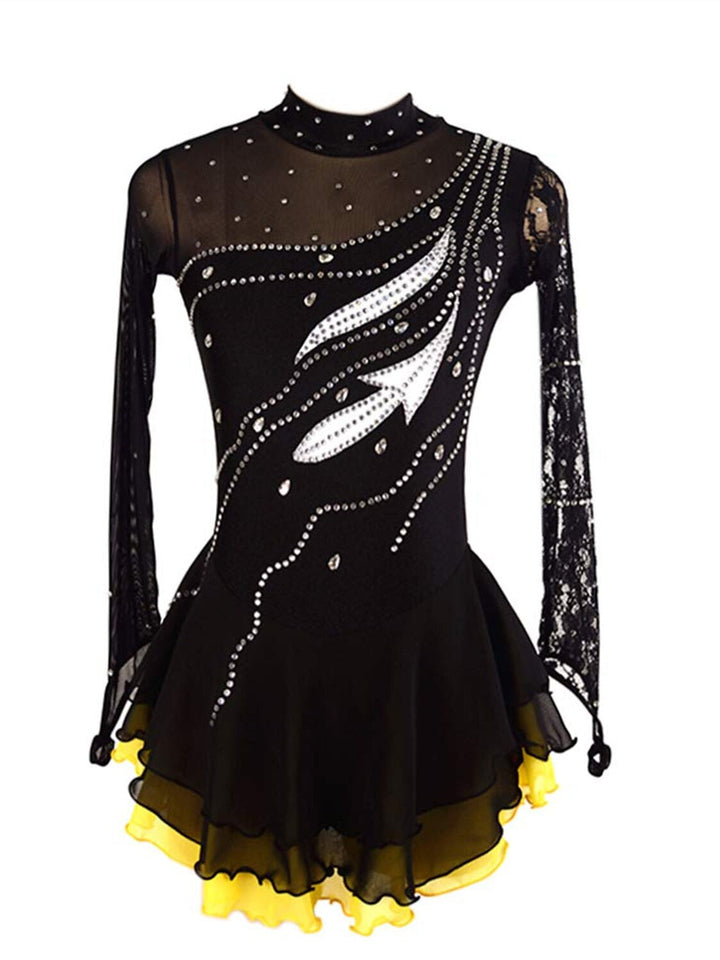 Robe de Patinage Artistique pour Femmes et Filles, Vêtements de Danse, Robe de Patinage Sur Glace Extensible Noire à Manches Longues avec Cristaux/Strass