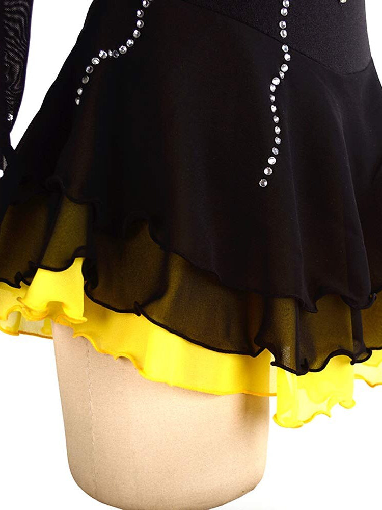 Robe de Patinage Artistique pour Femmes et Filles, Vêtements de Danse, Robe de Patinage Sur Glace Extensible Noire à Manches Longues avec Cristaux/Strass