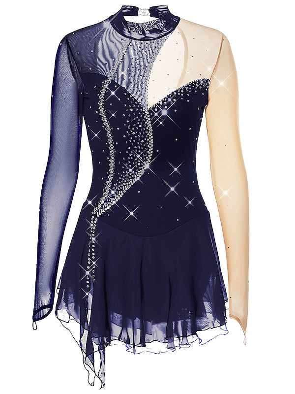 Robe de Patinage Artistique pour Femmes et Filles, Vêtements de Danse, Maille, Élasthanne, Cristal/Strass