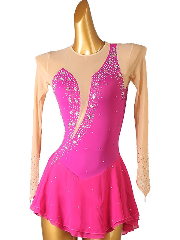 Robe de Patinage Artistique pour Femmes et Filles, Vêtements de Danse Sur Glace, Robe de Patinage Sur Glace Classique à Manches Longues avec Cristaux/Strass