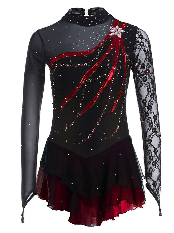 Robe de Patinage Artistique pour Femmes et Filles, Vêtements de Danse Sur Glace, Robe de Patinage Sur Glace à Manches Longues en Dentelle et Élasthanne
