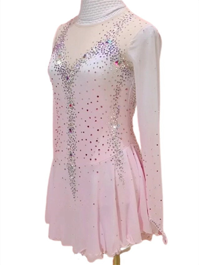 Robe de Patinage Artistique pour Femmes et Filles, Vêtements de Danse Sur Glace, Maille Élasthanne, Haute Élasticité, Manches Longues, Robe de Patinage Sur Glace