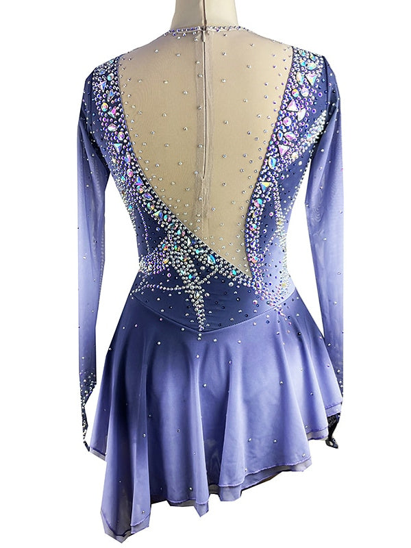 Robe de Patinage Artistique pour Femmes et Filles, Robe de Patinage Sur Glace en Maille Élasthanne à Haute Élasticité, Patchwork de Cristaux/Strass