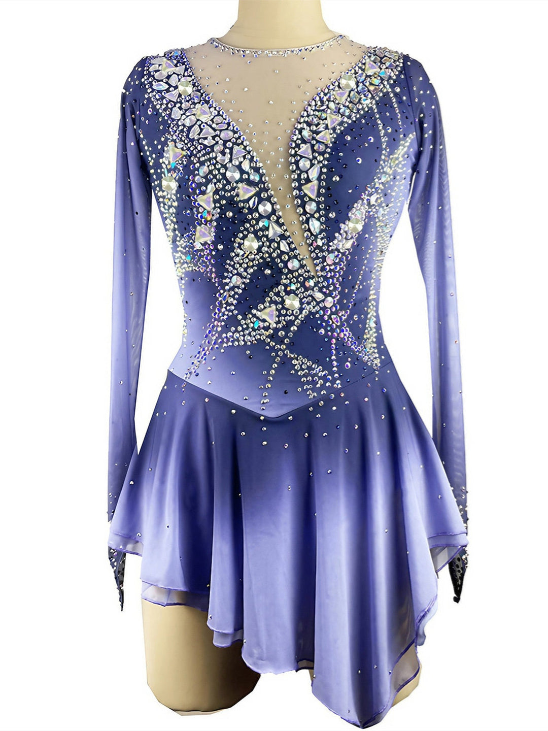 Robe de Patinage Artistique pour Femmes et Filles, Robe de Patinage Sur Glace en Maille Élasthanne à Haute Élasticité, Patchwork de Cristaux/Strass