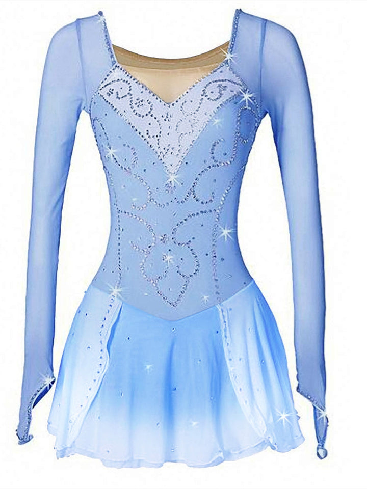 Robe de Patinage Artistique pour Femmes et Filles, Vêtements de Danse Sur Glace, Robe de Patinage Sur Glace Extensible à Manches Longues avec Cristaux/Strass
