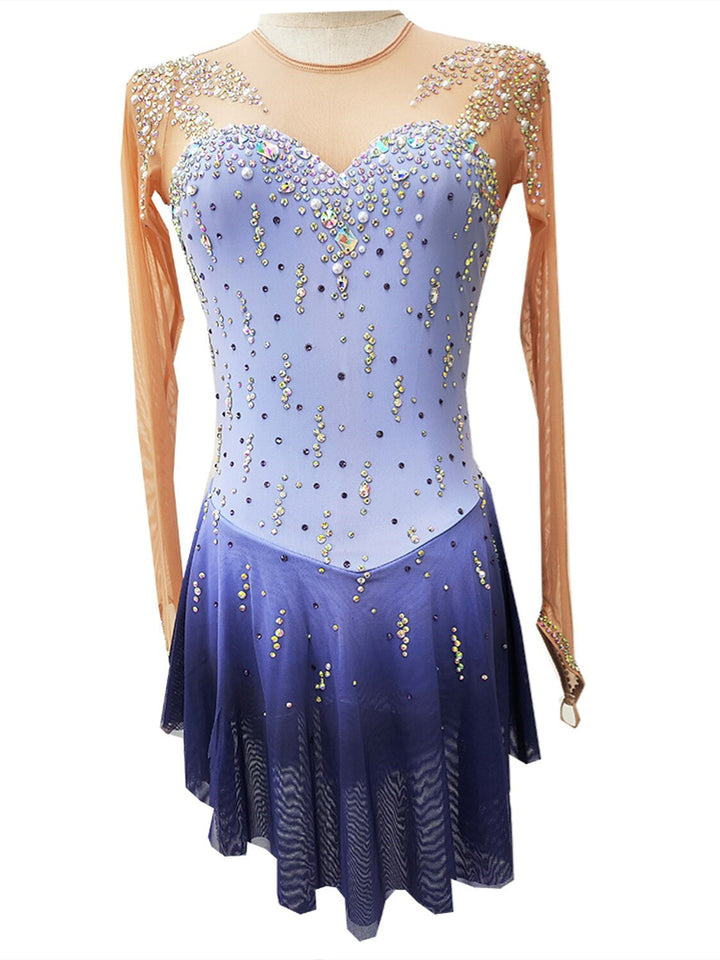 Robe de Patinage Artistique pour Femmes et Filles, Vêtements de Danse, Trou pour le Pouce, Haute Élasticité, Cristal/Strass, Manches Longues, Robe de Patinage Sur Glace