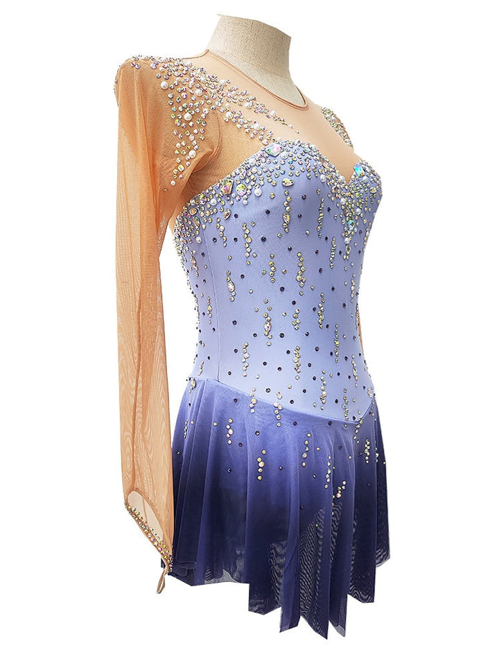 Robe de Patinage Artistique pour Femmes et Filles, Vêtements de Danse, Trou pour le Pouce, Haute Élasticité, Cristal/Strass, Manches Longues, Robe de Patinage Sur Glace