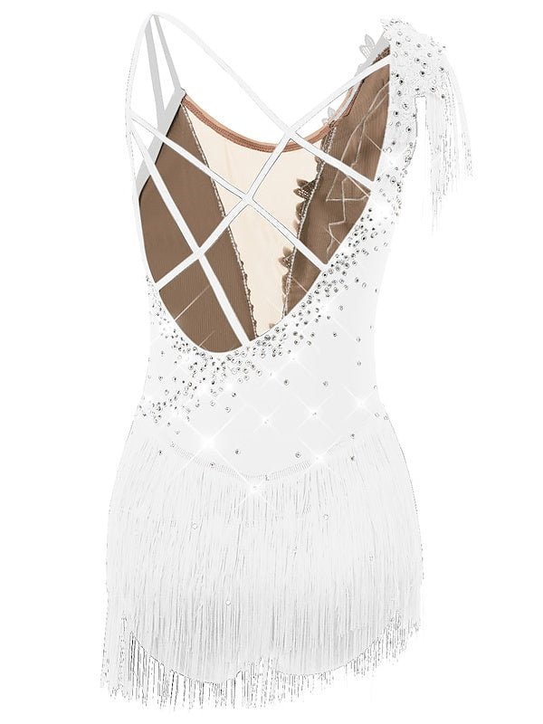 Robe de Patinage Artistique pour Femmes et Filles, Vêtements de Danse, Ourlet Asymétrique, Pompon, Maille, Élasthanne, Strass, Robe de Patinage Sur Glace