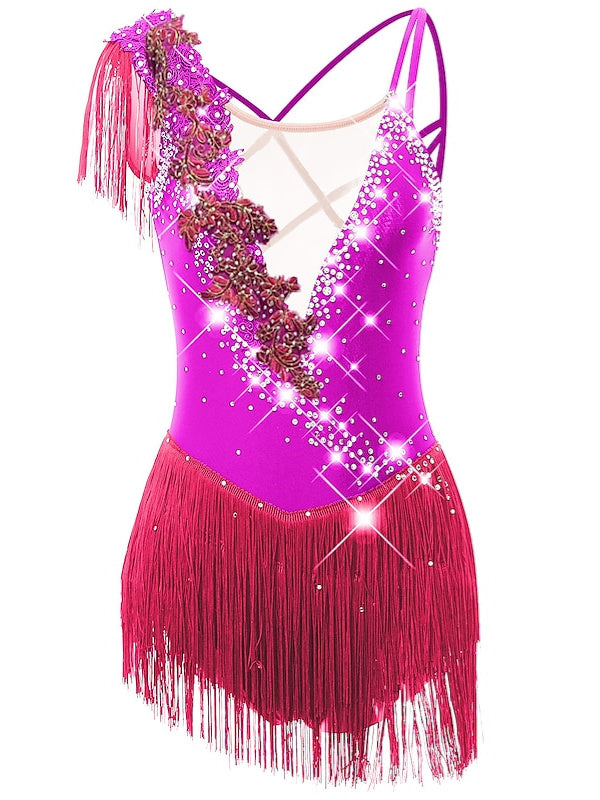 Robe de Patinage Artistique pour Femmes et Filles, Vêtements de Danse, Ourlet Asymétrique, Pompon, Maille, Élasthanne, Strass, Robe de Patinage Sur Glace