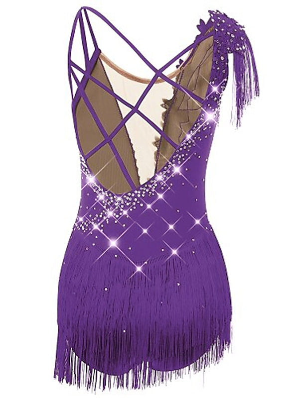 Robe de Patinage Artistique pour Femmes et Filles, Vêtements de Danse, Ourlet Asymétrique, Pompon, Maille, Élasthanne, Strass, Robe de Patinage Sur Glace