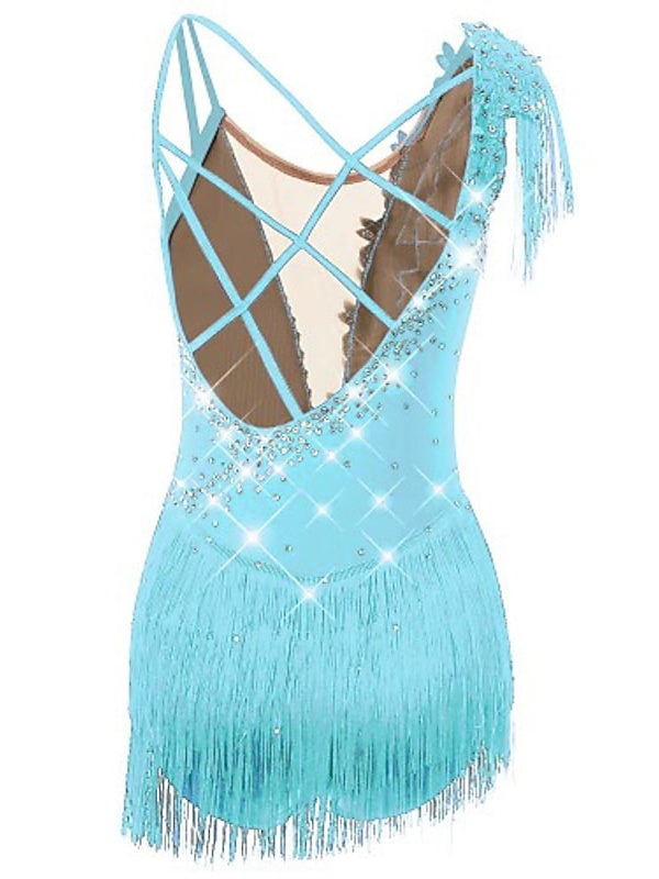 Robe de Patinage Artistique pour Femmes et Filles, Vêtements de Danse, Ourlet Asymétrique, Pompon, Maille, Élasthanne, Strass, Robe de Patinage Sur Glace